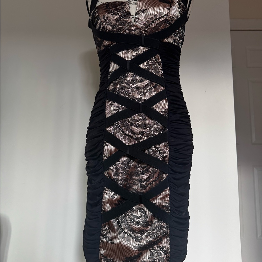 Jovani Black and Cream Lace Mini Dress